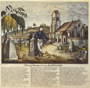 Kontemplasjon på landlig kirkegård, andaktsbilde med bønnetekst, tegning av Josef Bayer